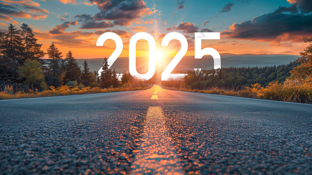 2025 on a road in the wilderness with the sun setting